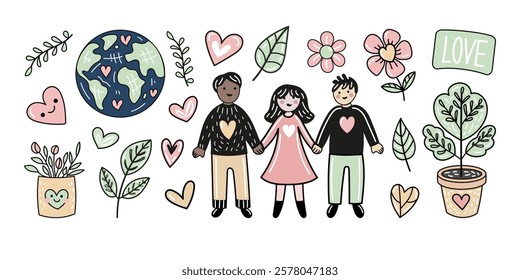 Eco-friendly doodle set with hearts, plants, earth and  cute diverse people with heartwarming connection