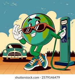 Eco-friendly Earth character charging an electric vehicle at a charging station in a retro style, promoting sustainability and green energy in a playful and vibrant illustration.
