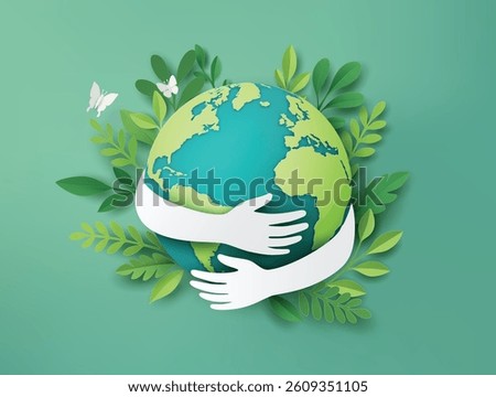 Eco-friendly Earth Day concept of hugging the globe surrounded by leaves and nature. Perfect for sustainability themes.