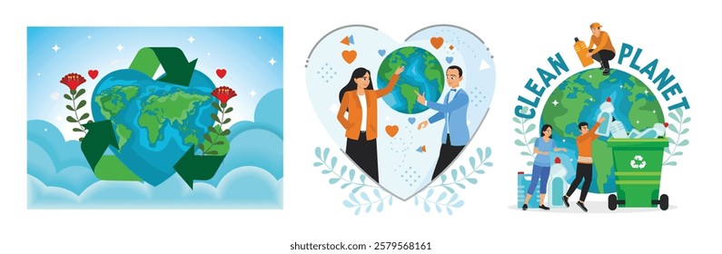 Eco-friendly Earth Day. Human concern for nature.People save planet Earth from trash. Earth Day concept. Set flat vector illustration.