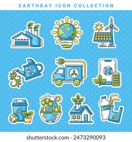 Eco-Friendly Earth Day Icon Set, greenhouse, solar panel, water, smartphone, globe, eco car, reusable trash, smart home.