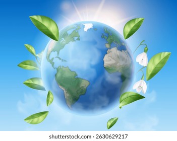 Eco-friendly Earth Globe with Green Leaves and Wind Turbines Background