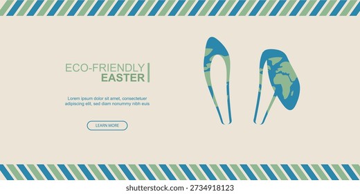 Anuncio de orejas de conejo de Pascua ecológico. tema de Pascua ecológico que muestra orejas de conejo de globo terráqueo y texto, ideal para promociones de vacaciones sostenibles y campañas de primavera verde. Ilustración vectorial