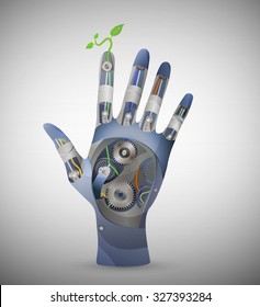 eco-friendly or eco robot concept, sprout of plant grows from metal robot hand, human and nature connection idea, grow the cyborg, vector