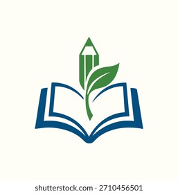 Logotipo de educación ecológica con un libro abierto con un lápiz y una hoja que crecen y brotan del centro