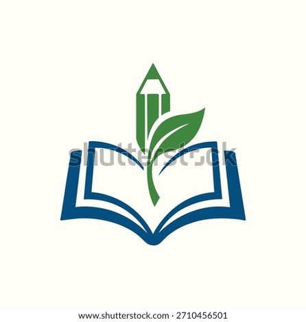 Eco-friendly education logo featuring an open book with a growing pencil and leaf sprouting from the center