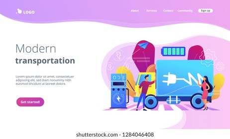 Eco-friendly elecrtic truck with plug charging battery at the charger station. Electric truck, eco-friendly logistics, modern transportation concept. Website vibrant violet landing web page template.