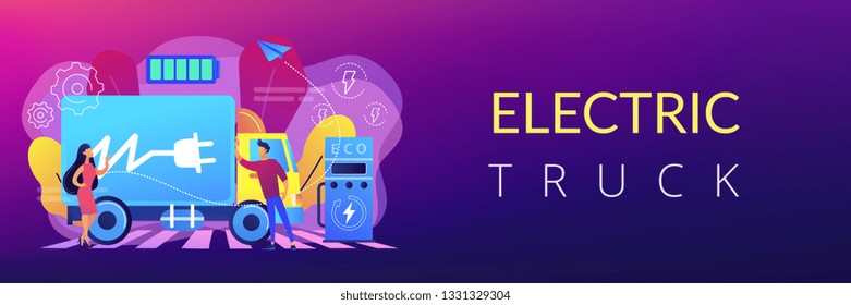 Eco-friendly elecrtic truck with plug charging battery at the charger station. Electric truck, eco-friendly logistics, modern transportation concept. Header or footer banner template with copy space.