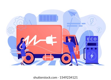 Eco-friendly elecrtic truck with plug charging battery at the charger station. Electric truck, eco-friendly logistics, modern transportation concept. Pinkish coral bluevector isolated illustration