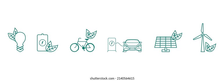 eco-friendly electric car, bicycle, solar, and wind turbine, led bulb vector illustration