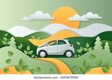 Coche eléctrico respetuoso del medio ambiente que conduce a través de colinas verdes escénicas con árboles y plantas bajo un sol brillante y nubes en estilo de corte de papel