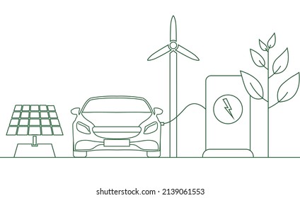 eco-friendly electric car and eco-friendly environment with solar panel and wind turbine line art vector illustration 