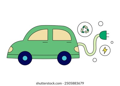 Eco-Friendly Electric Car with Plug and Recycling and Energy Symbols in Doodle Style Editable Stoke Vector Illustration