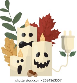 Eco-Friendly Electric Ghost Candles with Autumn Leaves. sustainable Halloween decoration featuring electric ghost candles with spooky faces. Eco-friendly halloween concept. Vector illustration