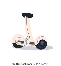 Giroscopio eléctrico respetuoso del medio ambiente. Transporte urbano moderno. Gyroboard, scooter giroscópico de dos ruedas. Transporte eléctrico, vehículo electrónico, vehículo eléctrico móvil. Ilustración vectorial plana aislada sobre fondo blanco