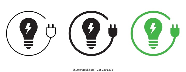 Eco-Friendly Electric Light Bulb with Power Plug Inside Circular Energy Flow Symbol Renewable Green Energy and Sustainability Icon Concept in Black and Green Variations