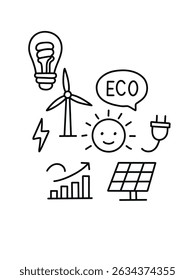 eco-friendly electricity, solar panels and sun, doodle vector illustration 