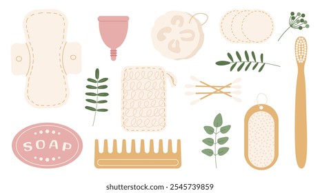 Elementos ecológicos de higiene feminina. Produtos de higiene pessoal ecológicos reutilizáveis e acessórios de banho, período menstrual sem desperdício para as mulheres.