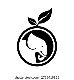 Eco-friendly elephant logo combined with leaf symbol representing sustainability, nature, environment, wildlife protection, and green business. Clean black vector logo for environmental and organic branding.