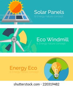 Eco-friendly energy flat design concepts, banners. Solar panels and sun, windmill, Earth and light bulb. Blue, turquoise and yellow colors