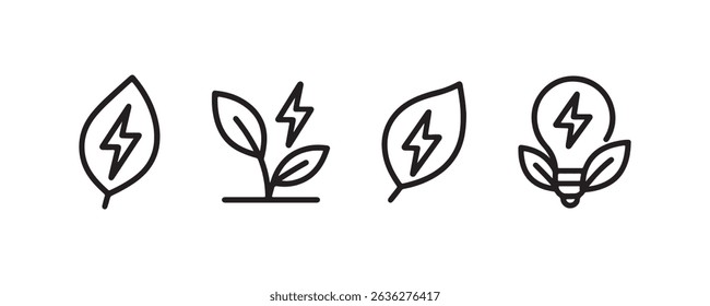 Eco-friendly energy icons: leaf, plant, lightning bolt, and lightbulb symbols.