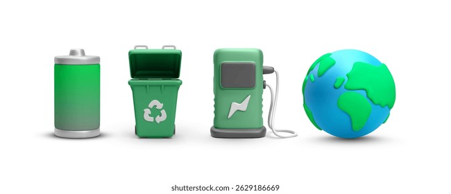 Eco-Friendly Energy, Recycling, and Sustainability Concept with Battery, Trash Bin, Fuel Pump, and Earth Icons. Bright 3D Render. Vector Illustration.