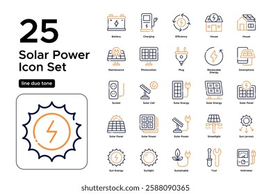 Eco-Friendly Energy Solutions. Solar Power Systems, Green Technology, and Sustainability Icons. Vector Illustration. Oultine duo tone icon set