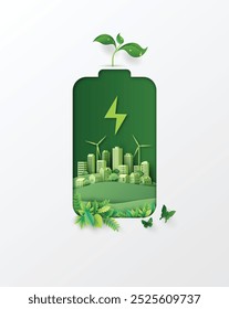 Eco-friendly energy solutions symbolized by a battery and plug, promoting sustainable cities. Powering urban development through renewable energy sources.,paper art cut