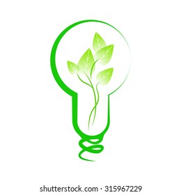 Eco-friendly energy-saving bulb. Lightbulb with green sprouts inside. Vector icon.  