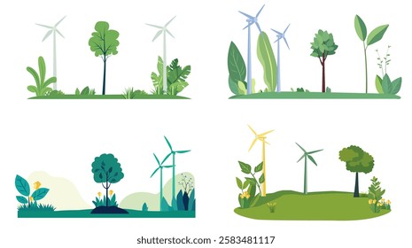 Eco-friendly environment vector illustration set with wind turbines, trees, and plants on a white background. Green energy concept