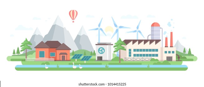 Eco-friendly factory - modern flat design style vector illustration on white background. A composition with a big plant, solar panels, windmills, pond with geese, trees, mountain, low-storey buildings