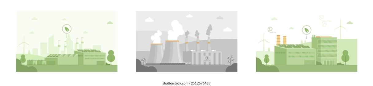 Eco-friendly factory with solar panels, wind turbine, and urban skyline. Grayscale landscape with cooling towers, smokestacks, and factory. Eco-friendly factory with solar panels and chimney