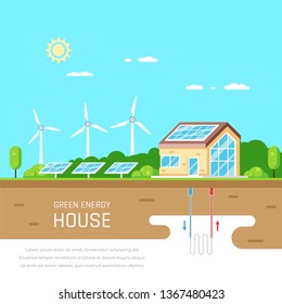 Ecofriendly family house. Green energy. Solar, wind and geothermal power. Flat style illustration. Renewable energy concept.