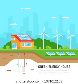 Ecofriendly family house. Green energy. Solar, wind and geothermal power. Flat style illustration. Renewable energy concept.