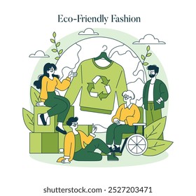 Eco-friendly Fashion concept. Illustration of people with sustainable clothing, promoting recycling and environmental awareness. Vector illustration.