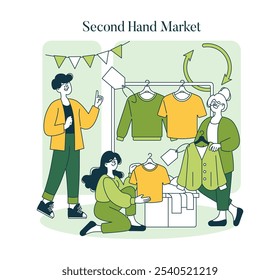 Eco-friendly fashion concept. Shoppers engaging in sustainable shopping at a second-hand market. Reusing clothing for environmental care. Vector illustration.