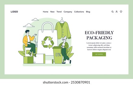 Eco-friendly fashion concept. Sustainable clothing and packaging represented in a modern online shopping interface. Green consumerism drives change. Vector illustration.
