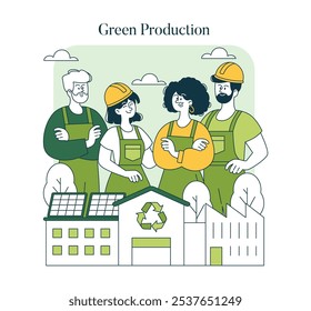 Eco-friendly fashion concept. Workers unite in sustainable apparel manufacturing with solar energy and recycling. Sustainable production innovation. Vector illustration.