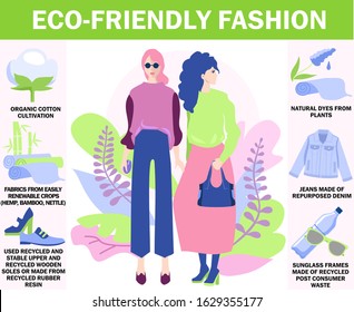 Eco-friendly fashion. Environmentally-friendly clothing, eco-friendly fashion and textiles, fair-trade products. Eco friendly innovations infographics. Sustainable fashion, waste-free products.