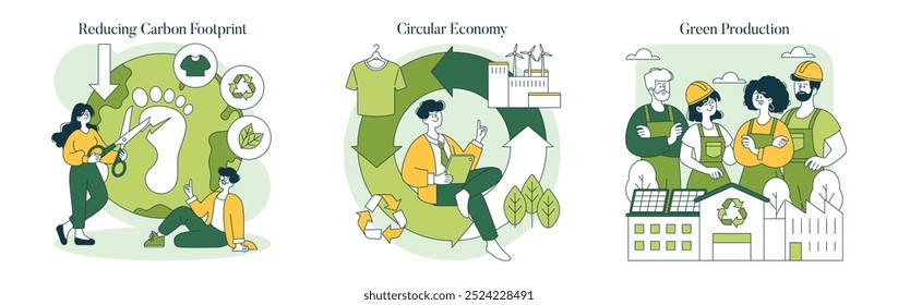 Eco-friendly fashion set. Demonstrating carbon footprint reduction, circular economy, and green production practices with engaged characters. Vector illustration.