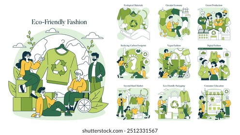 Eco-Friendly Fashion set. Sustainable apparel practices and green materials usage. Recycling, circular economy, vegan options, digital solutions, secondhand markets, eco-packaging, and education