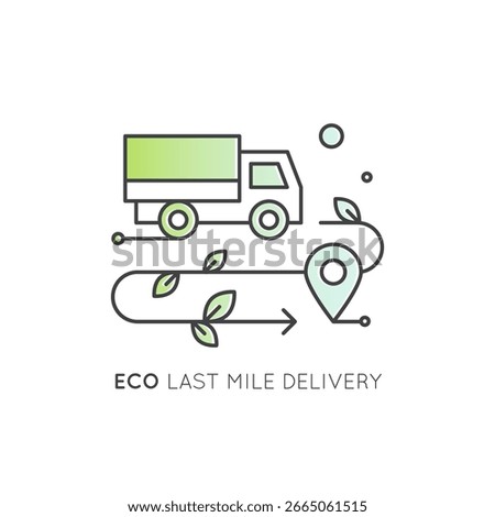 Eco-friendly first and last mile delivery icons with green electric trucks, factory, warehouse, CO2 neutral, location pins, supply chain, food logistics, minimal style, sustainable transport concept