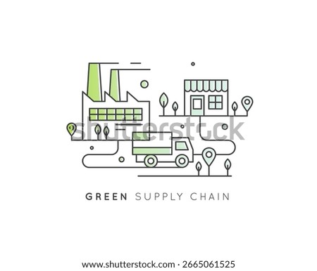 Eco-friendly first and last mile delivery icons with green electric trucks, factory, warehouse, CO2 neutral, location pins, supply chain, food logistics, minimal style, sustainable transport concept