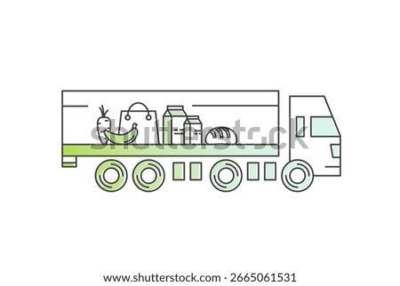 Eco-friendly first and last mile delivery icons with green electric trucks, factory, warehouse, CO2 neutral, location pins, supply chain, food logistics, minimal style, sustainable transport concept