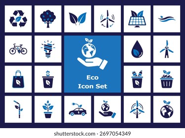 Conjunto de ícones de cor plana ecologicamente correto. Reciclagem, energia renovável (solar, eólica), natureza, água, conservação. Gráficos ambientais sustentáveis.