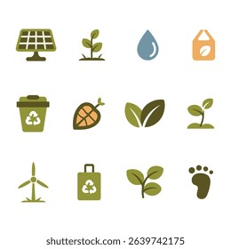 Eco-friendly flat icon set with symbols of sustainability including plants, recycling, solar power, and renewable energy