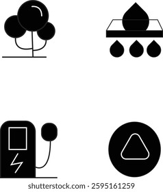 Eco-Friendly flat Icons Set, Tree, Water Filtration, Electric Charging Station, and Recycling Symbol, Representing Sustainability with Transparent Background.
