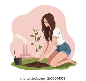 Eco-friendly flat illustration of a young woman planting a tree to promote environmental conservation and sustainability. Green living and reforestation concept for International Day of Zero Waste