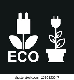 Eco-friendly flat leaf icon combined with a plug. Vector on black background