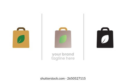 Eco-friendly flat paper bag with green leaf symbol, representing organic shopping, biodegradable packaging, and sustainable consumer habits in a modern vector style.
